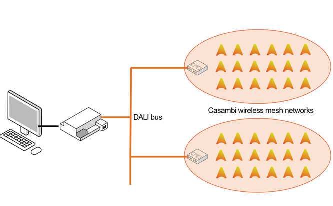 Diagram of a computer connected through a gateway to a DALI bus, which links to two Casambi wireless mesh networks, each shown as a group of lights