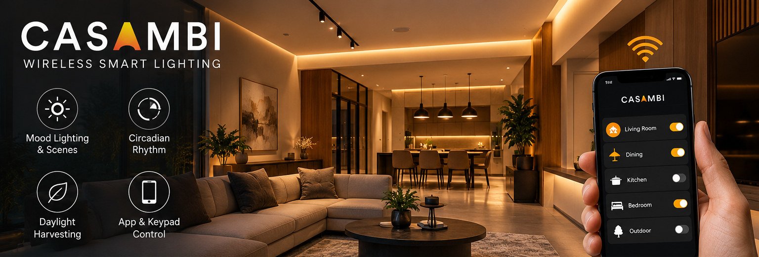 Illustration of a living room with warm mood lighting beside four icons for mood lighting and scenes, circadian rhythm, daylight harvesting, and app and keypad control, and a hand holding a phone with the Casambi app