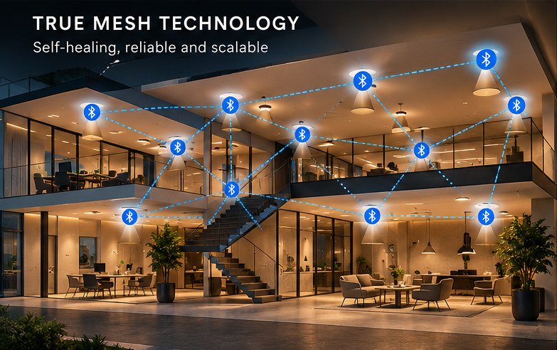 Illustration of a two-storey building at night with Bluetooth symbols on each light connected by dotted lines, showing a self-healing mesh