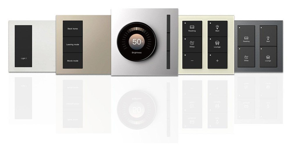 Five Siqitech wall controls for Casambi lighting: scene keypads with buttons such as Back home, Leaving mode and Movie mode, a rotary switch with a round display showing 50 percent brightness, and keypads for reading, sleep, wall and lounge scenes
