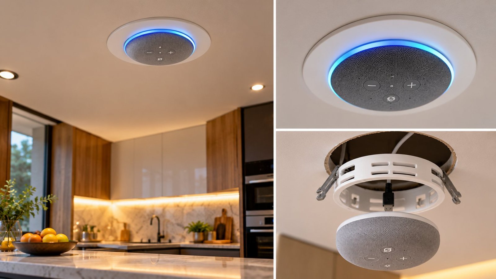 Illustration of a smart speaker flush in a kitchen ceiling, a close-up, and the 3D-printed ring with spring-loaded clips and a USB cable that holds the speaker