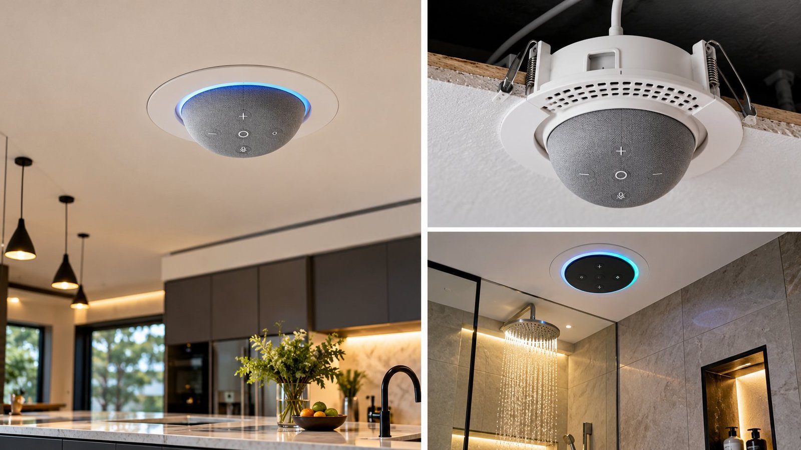 Illustration of ceiling-mounted smart speakers in a kitchen and above a shower, with a close-up of the ceiling mount