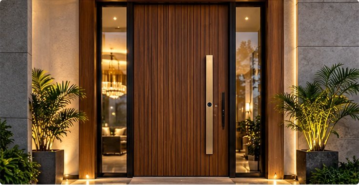 Illustration of a wooden entrance door with a long brass handle and no visible scanner plate