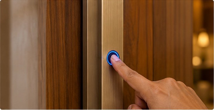 Illustration of a finger touching a fingerprint sensor built into a brass door handle