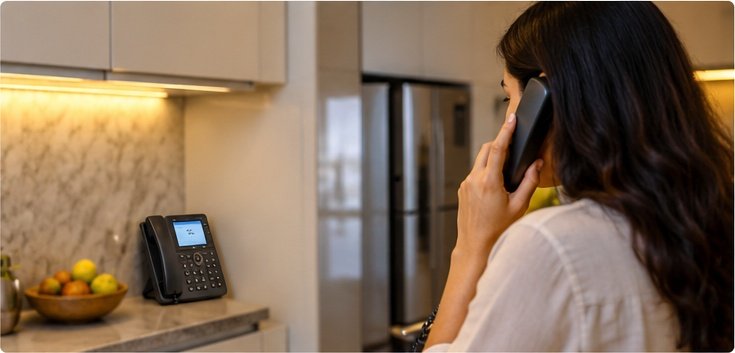 Illustration of a woman using a telephone in a kitchen to make an announcement