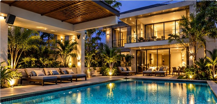Illustration of speakers mounted around a swimming pool area at night