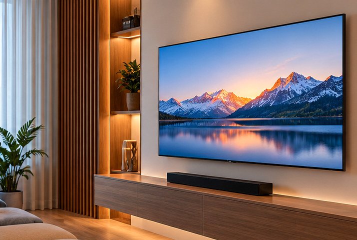 Illustration of a wall-mounted TV above a floating cabinet in a living room, with no visible cables or equipment