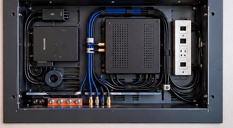 Illustration of the inside of a recessed metal TV back box with equipment, tied-down cables and a power outlet module