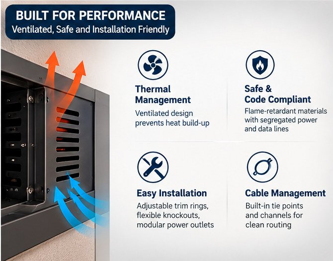 Illustration of ventilation slots on a TV back box with arrows showing hot air leaving and cool air entering, and four feature icons: thermal management, safe and code compliant, easy installation and cable management