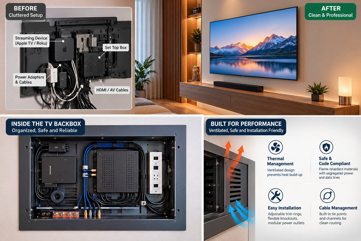 Before and after illustration of a cluttered TV setup and the clean result with a recessed TV back box, with the inside of the box and its ventilation features